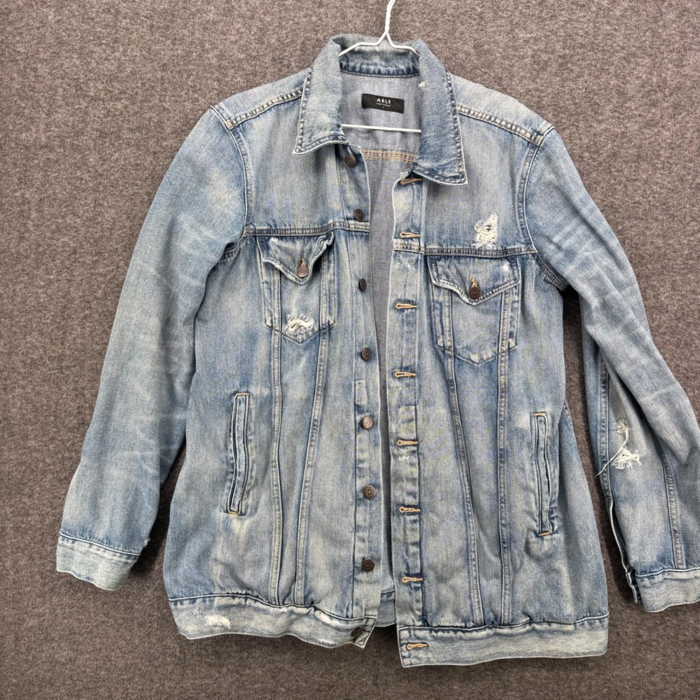 ABLE Mens Distressed Denim Trucker Jacket Light Wash Blue XL Cotton Grunge Jean